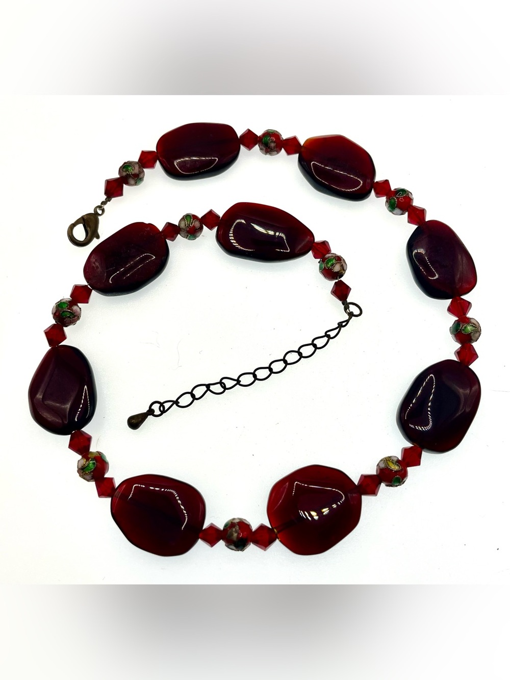 Vintage Burgundy Art Glass & Cloisonné Bead Necklace Artisan Statement Necklace